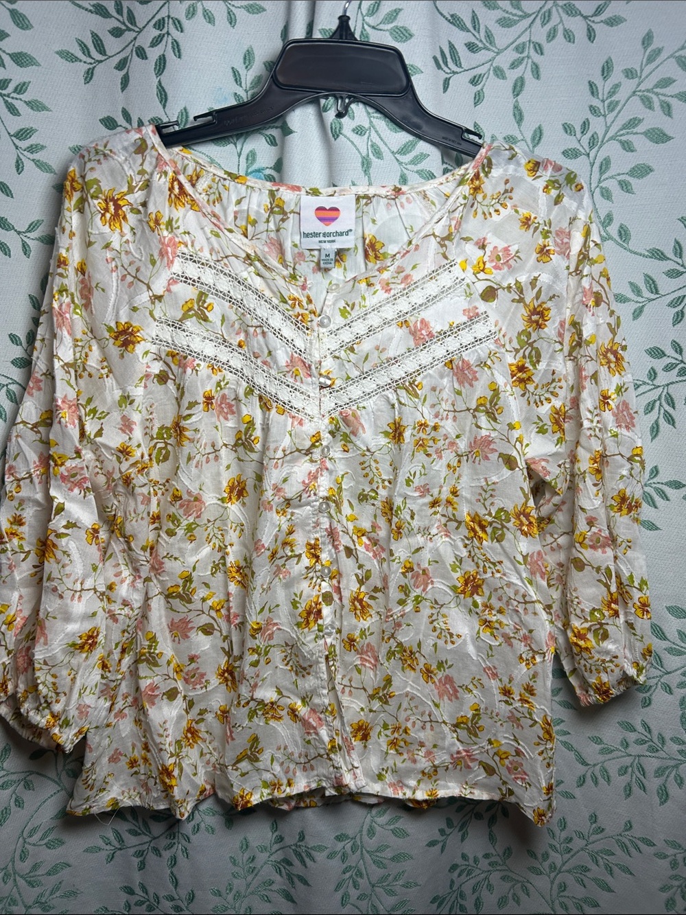 Hester & Rachel Cream Floral Lace-Trim Button Front Blouse - Picture 3 of 7
